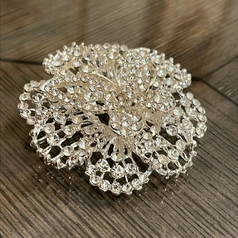 Vintage Style Rhinestone Brooch Flower Shape with a Butterfly in the Middle